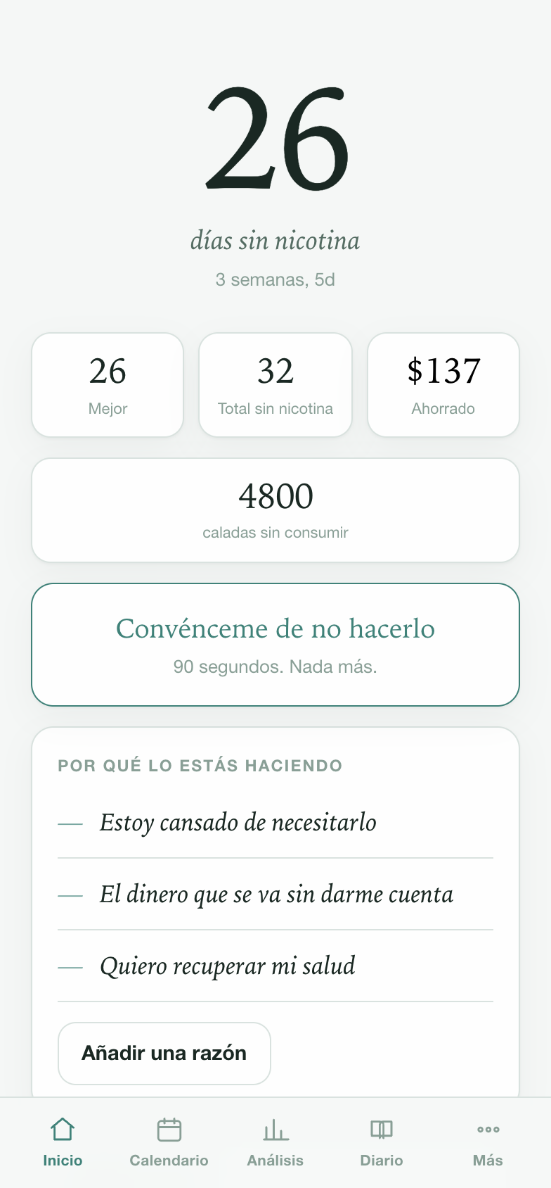 La pantalla principal de Nicotine Free: 26 días sin nicotina, mejor racha, dinero ahorrado y caladas evitadas