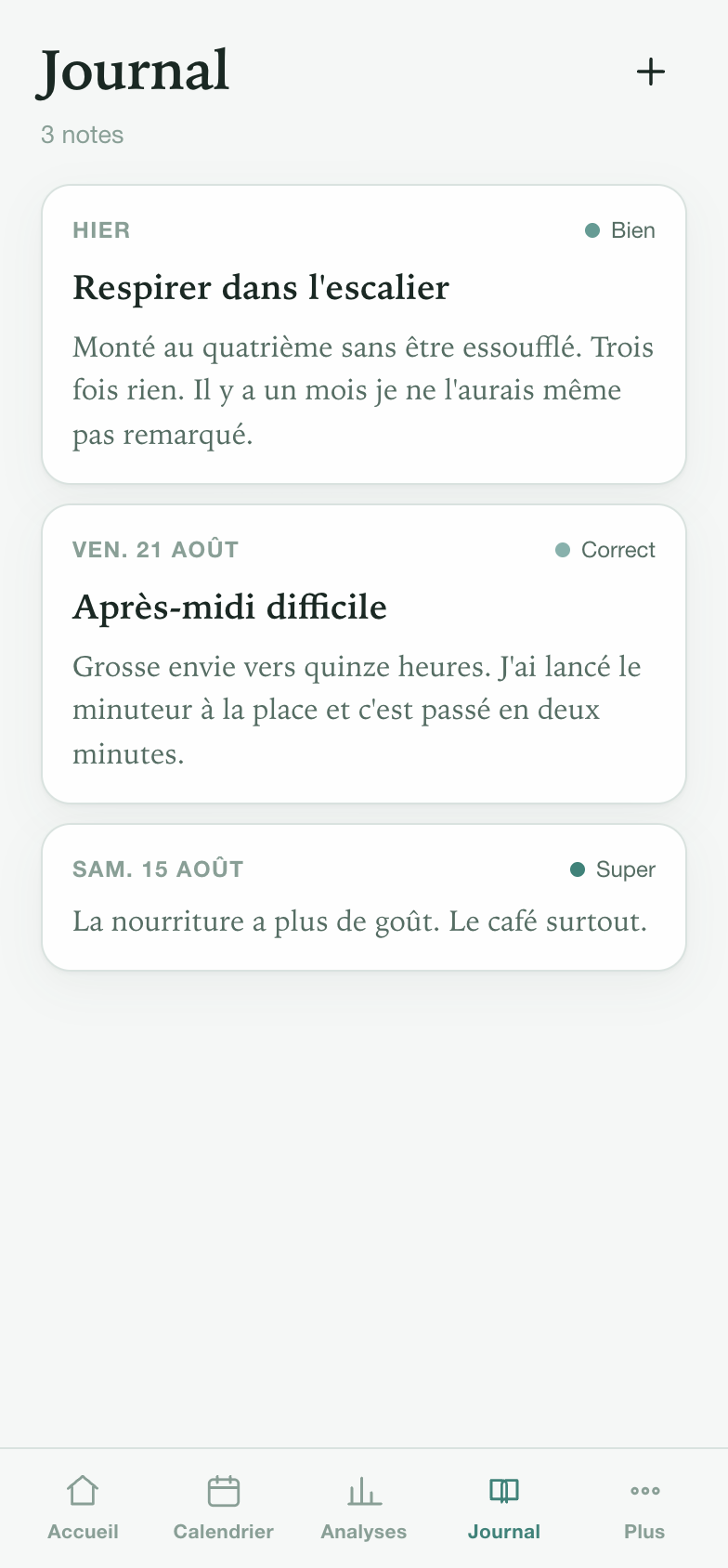 Notes de journal privées sur le fait de mieux respirer et d'avoir laissé passer une envie
