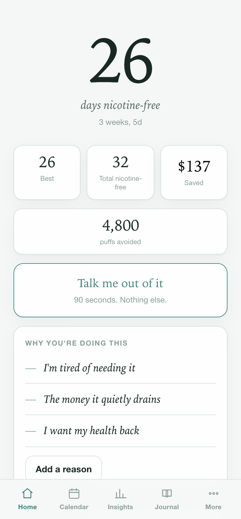 The Nicotine Free home screen: 26 days nicotine-free, best streak, money saved and puffs avoided