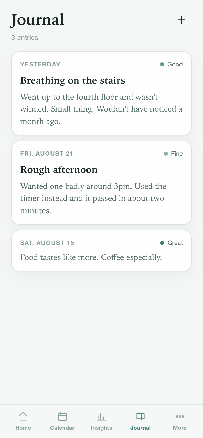 Private journal entries about breathing more easily and riding out a craving