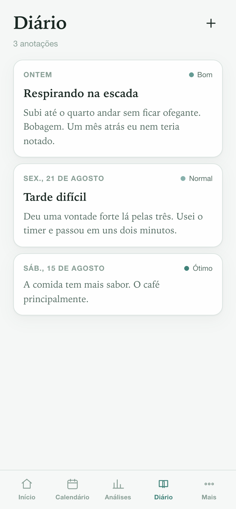 Anotações privadas do diário sobre respirar melhor e aguentar uma vontade